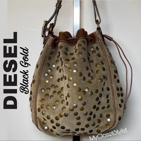DIESEL $1,100 Studded Buffalo Leather Bucket Purse NEW!